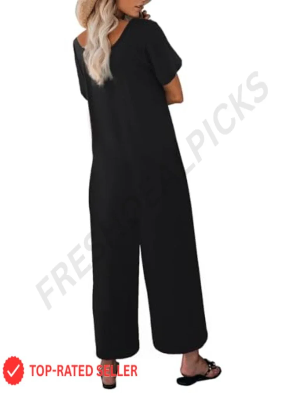 Women's Loose Fit Wide Leg Jumpsuit with Pockets U Neck Short Sleeve Summer